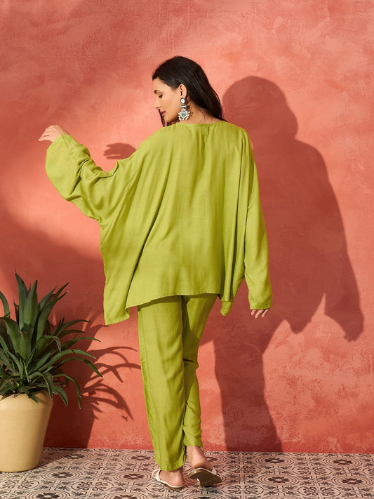 InWeave Pear Green Solid Boho Full Sleeve Co Ord Set - Swadesiicart