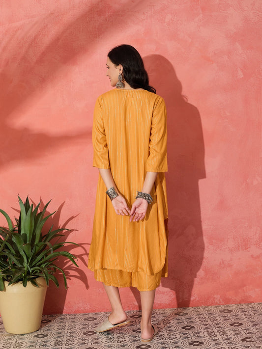InWeave Mustard Lurex Flared V Neck Kurta Palazzo Set - Swadesiicart