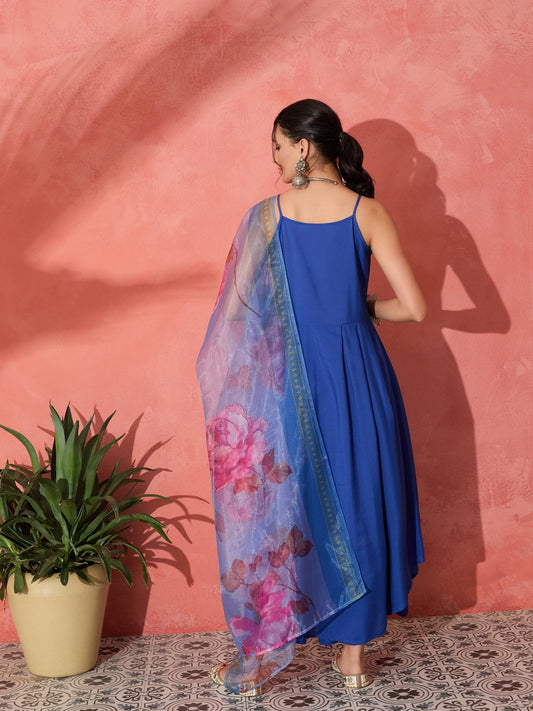 InWeave Strappy Ink Blue With Blue Fuchsia Floral Organza Dupatta Set - Swadesiicart