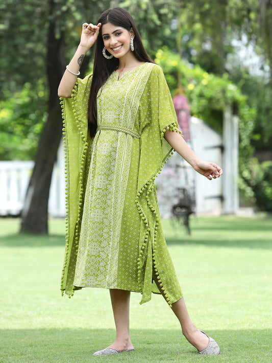 Indian Clothing Juniper Green Georgette Festive Bandhej Printed Straight Kaftan For Women | Swadesiicart