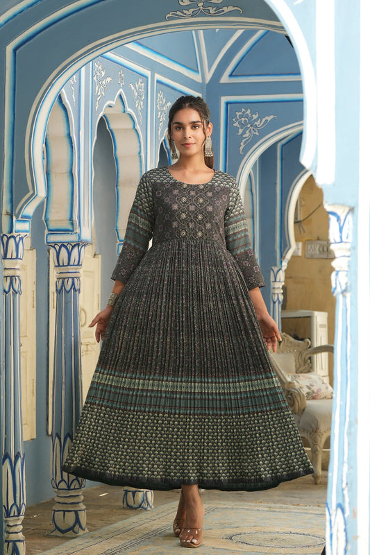Juniper Bottle Green Muslin Festive Printed Flared Dress For Women | Swadesiicart