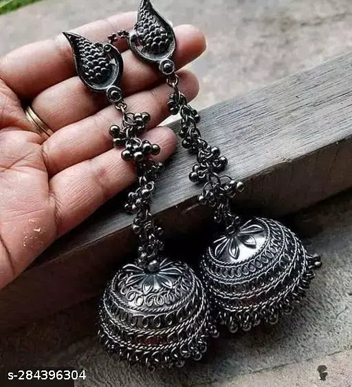 Tehzeeb Creations Women's Black Colour Oxidised Earrings In Jhumki Style | Swadesiicart