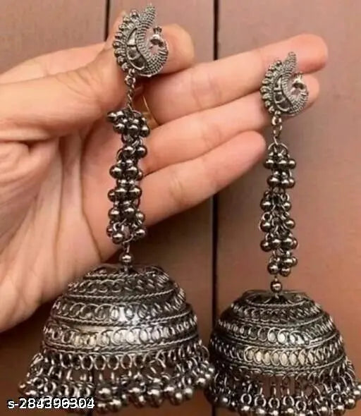 Tehzeeb Creations Women's Black Colour Oxidised Earrings In Jhumki Style | Swadesiicart