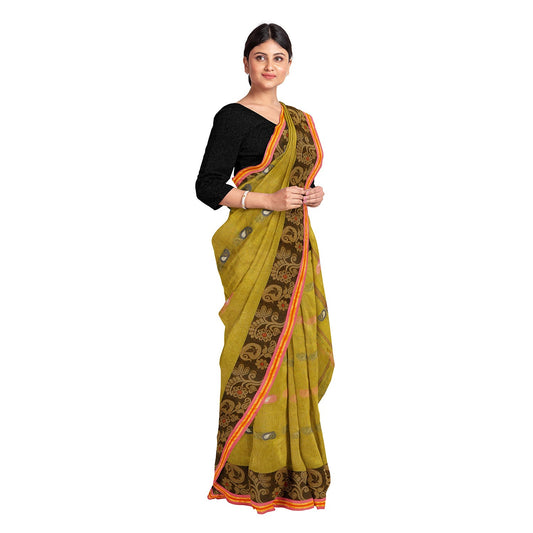 Exclusive Collection 100% Pure Cotton Olive Tant Saree With Hand Weaving Work - Swadesiicart