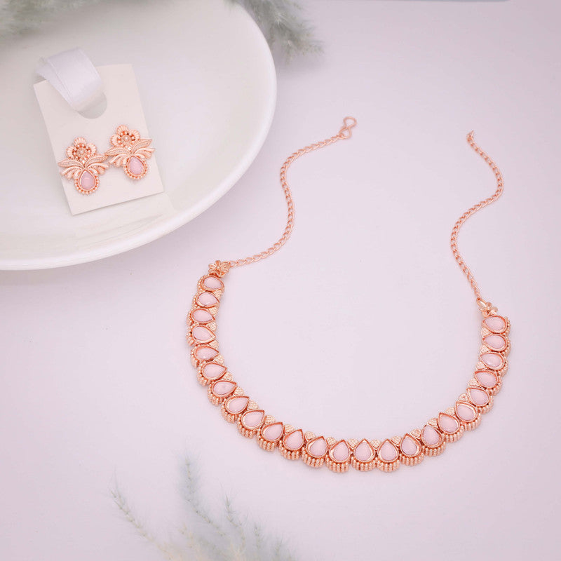 Tehzeeb Creationss Rose Gold Polish Baby Pink Colour Necklace With Pair Of Earrings - Swadesiicart