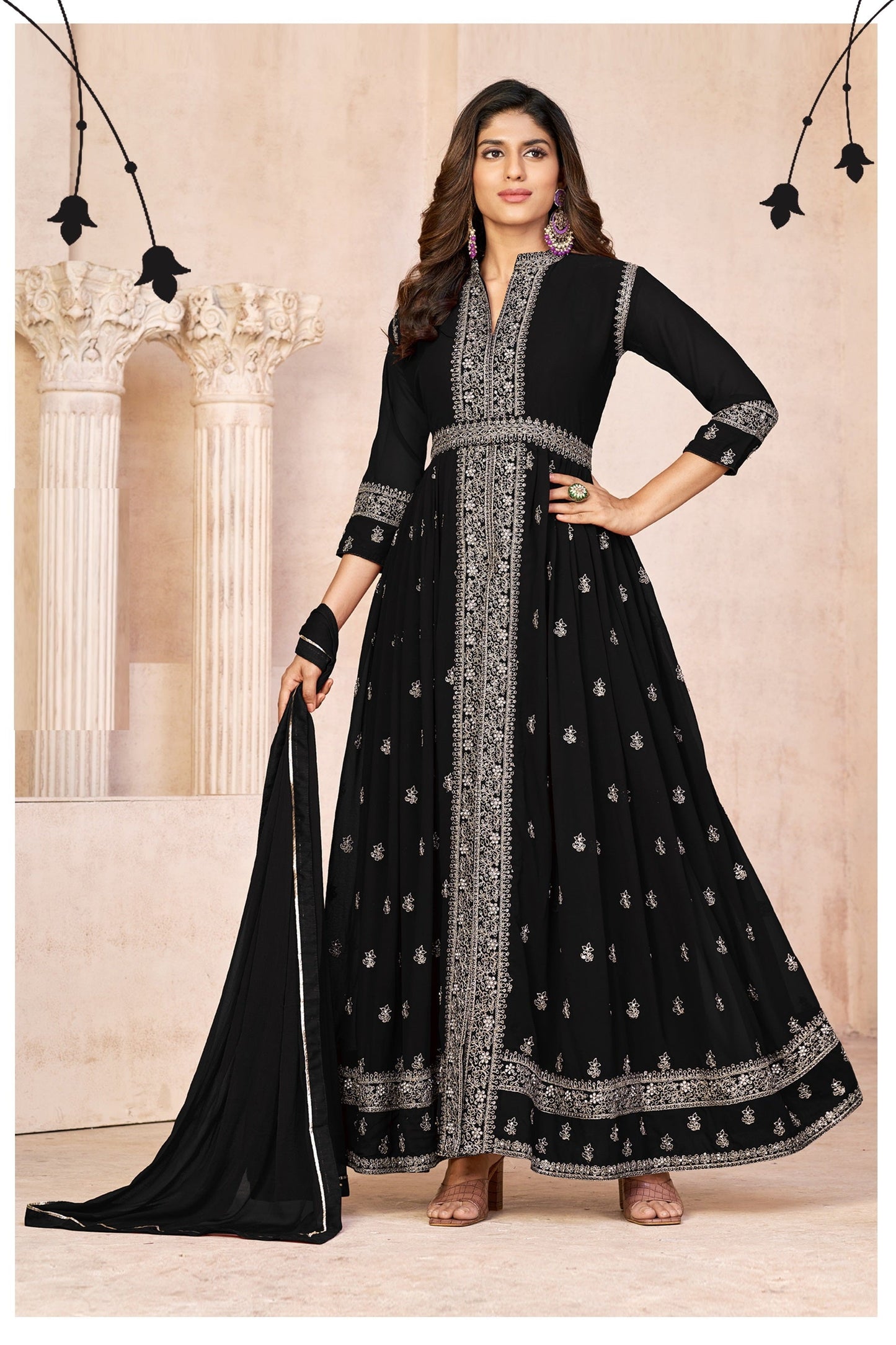 Anaita Black Embroidered Faux Georgette Anarkali Suit