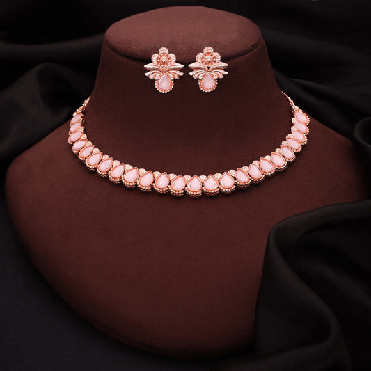 Tehzeeb Creationss Rose Gold Polish Baby Pink Colour Necklace With Pair Of Earrings - Swadesiicart