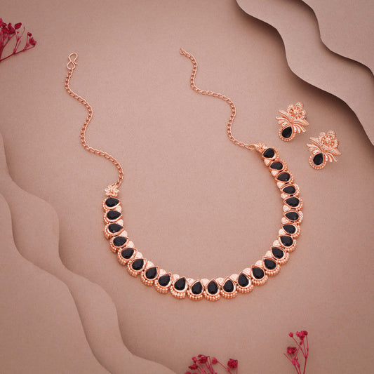 Tehzeeb Creationss Rose Gold Polish Black Colour Necklace With Pair Of Earrings - Swadesiicart