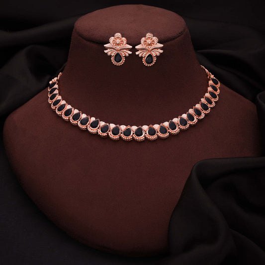 Tehzeeb Creationss Rose Gold Polish Black Colour Necklace With Pair Of Earrings - Swadesiicart