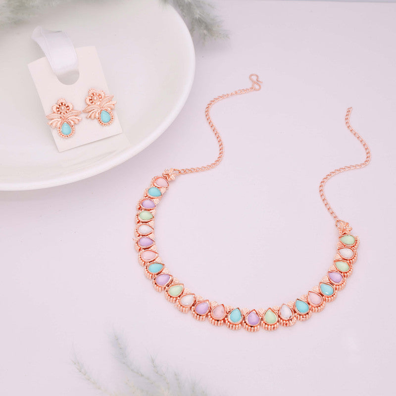 Tehzeeb Creationss Rose Gold Polish Multi Colour Necklace With Pair Of Earrings - Swadesiicart