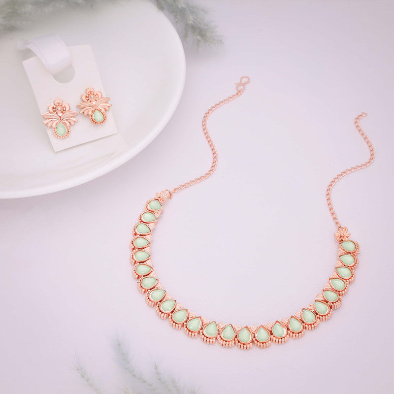Tehzeeb Creationss Rose Gold Polish Sea Green Colour Necklace With Pair Of Earrings - Swadesiicart