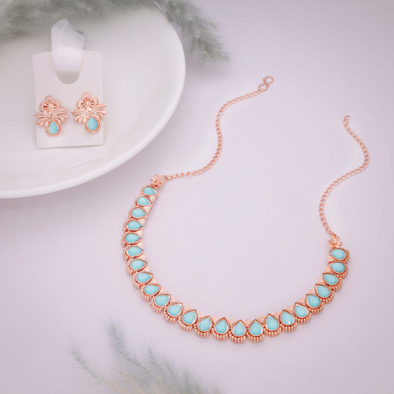 Tehzeeb Creationss Rose Gold Polish Sky Blue Colour Necklace With Pair Of Earrings - Swadesiicart
