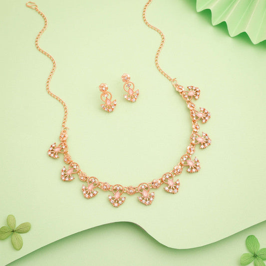 Tehzeeb Creations Gold-Polished Baby Pink Colour Necklace With Earrings - Swadesiicart