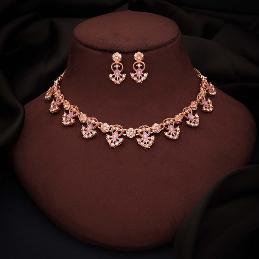 Tehzeeb Creations Gold-Polished Lavender Colour Necklace With Earrings - Swadesiicart