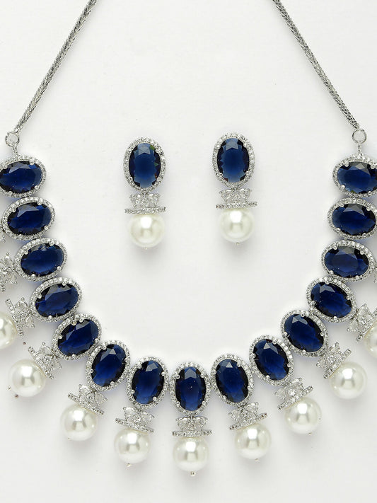 NVR Women's Silver-Plated Blue American Diamond Studded Handcrafted Jewellery Set - Swadesiicart