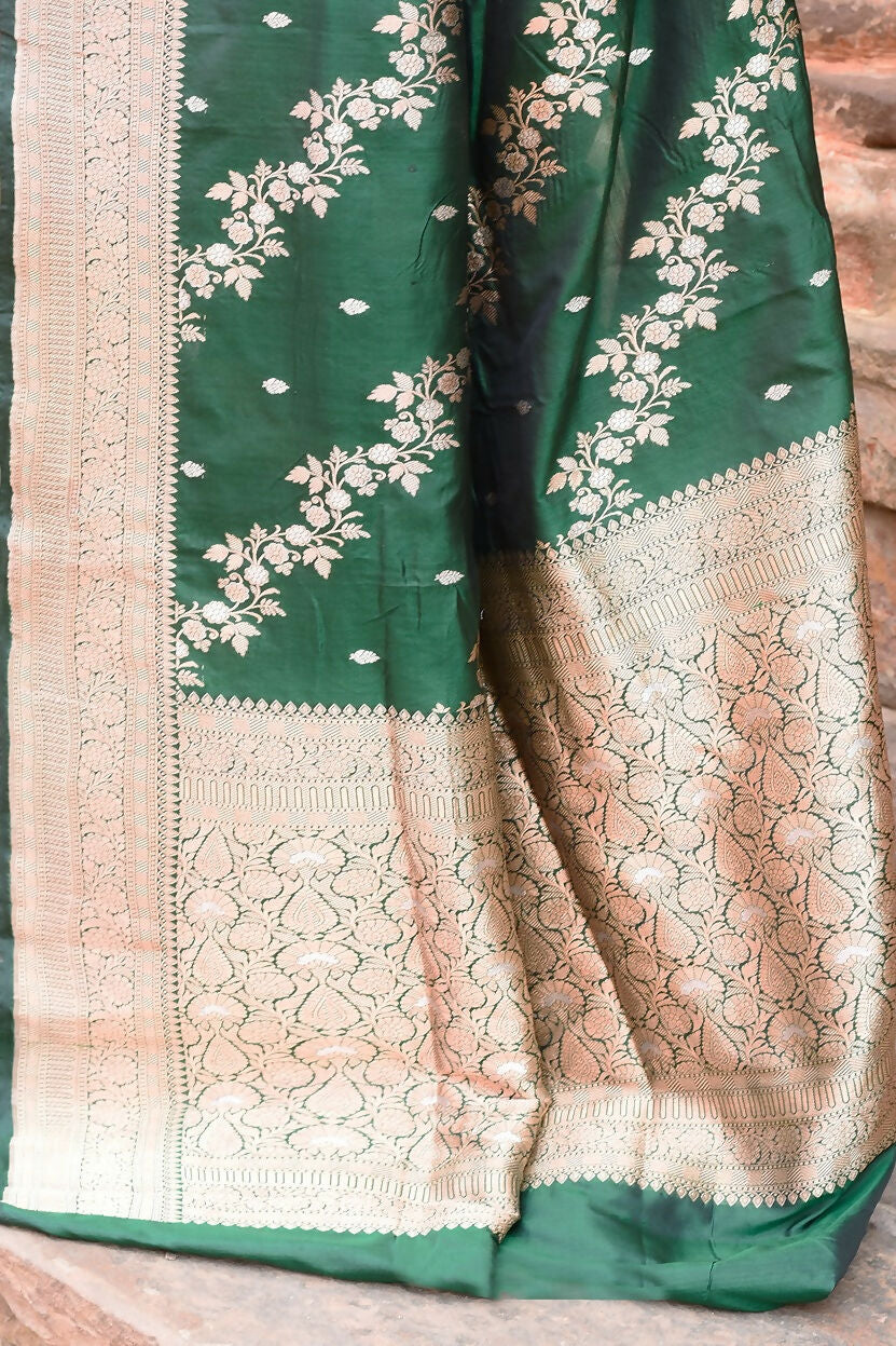 Joban Fashion Emerald Green Banarasi Katan Pure Handloom Banarasi Silk Saree | Swadesiicart