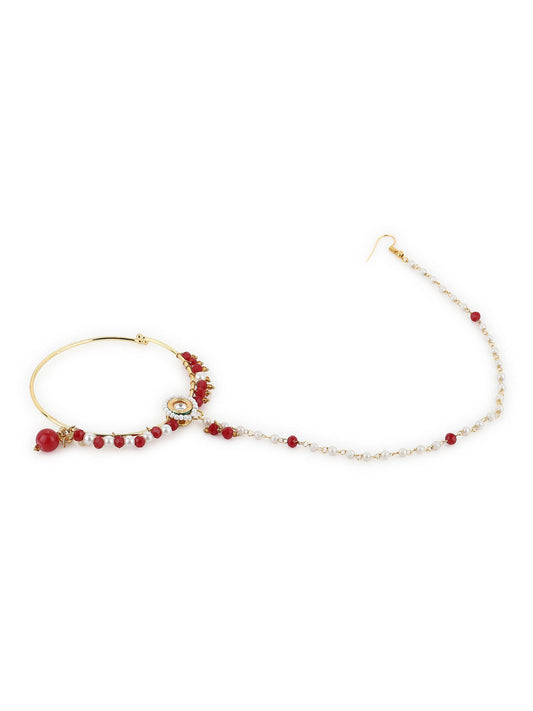 White Red Gold-Polished Kundan-Studded Beaded Nosepin - Ruby Raang | Swadesiicart