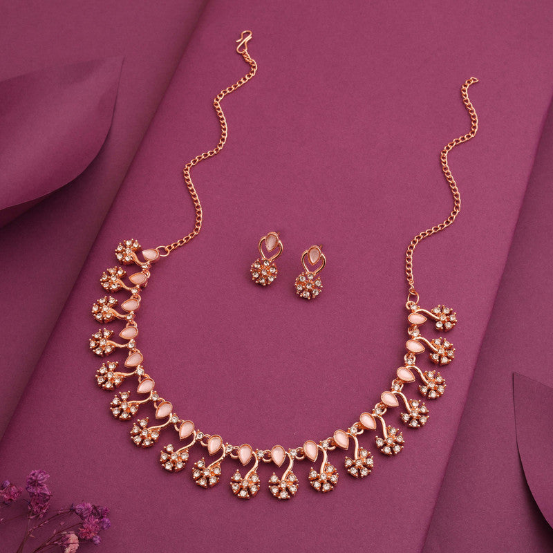 Tehzeeb Creations Rose Gold-Polished Baby Pink Choker Necklace With Dangle Earrings - Swadesiicart