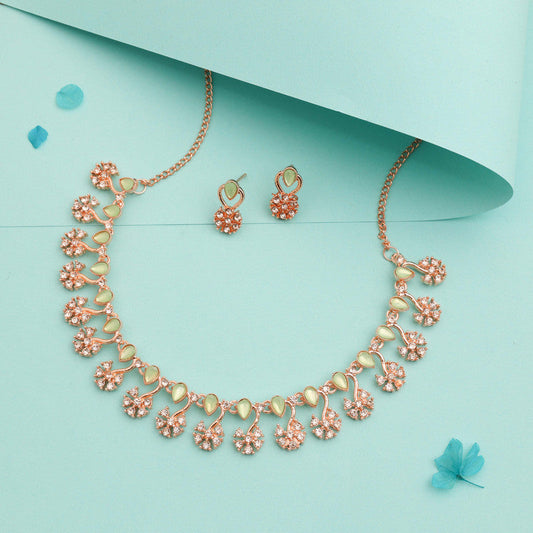 Tehzeeb Creations Rose Gold-Polished Sea Green Choker Necklace With Dangle Earrings - Swadesiicart