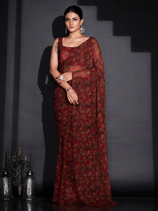 Tikhi Imli Red & Green Floral Printed Poly Georgette Ready To Wear Saree | Swadesiicart