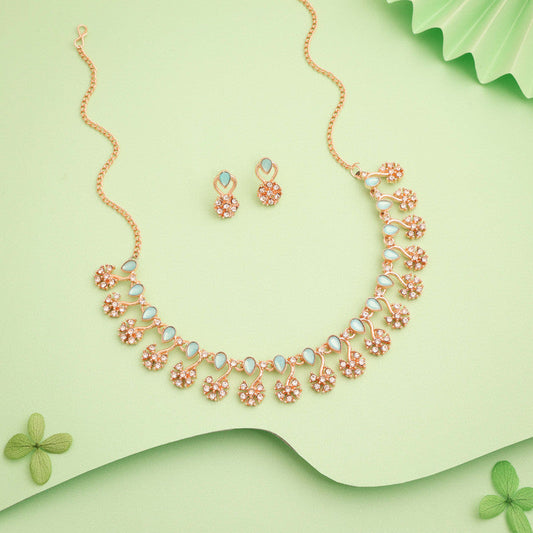 Tehzeeb Creations Rose Gold-Polished Sky Blue Choker Necklace With Dangle Earrings - Swadesiicart