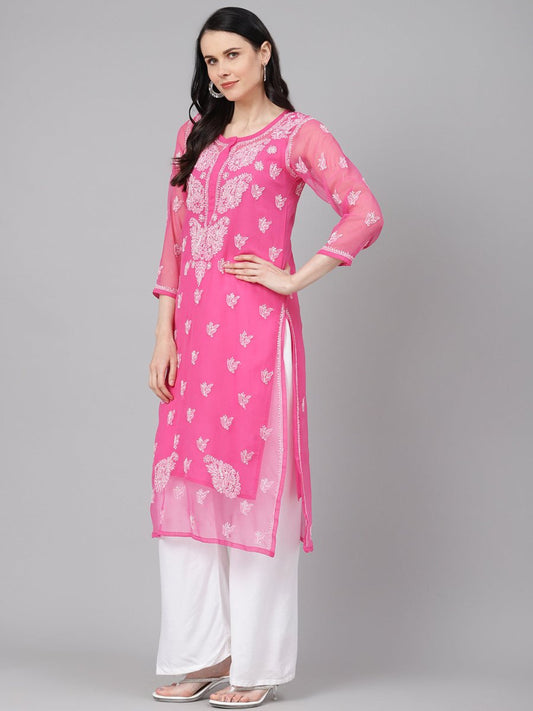 ADA Women Pink & White Sheer Chikankari Embroidered Straight Handloom Kurta with Inner | Swadesiicart