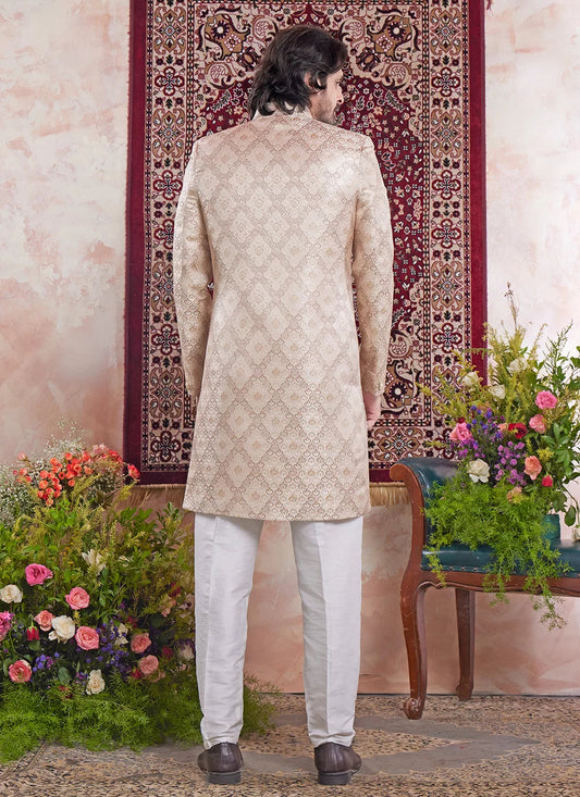 Raivat Ethnic Banarasi Jacquard Embroidery Indo Western Sherwani In Beige Colour | Swadesiicart