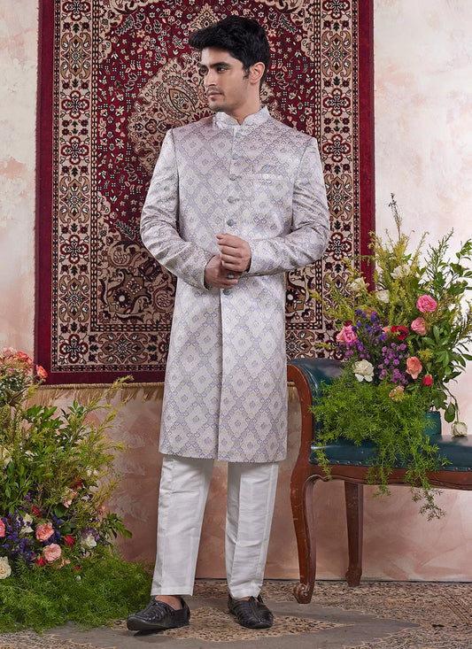 Raivat Ethnic Banarasi Jacquard Embroidery Indo Western Sherwani In Grey Colour | Swadesiicart