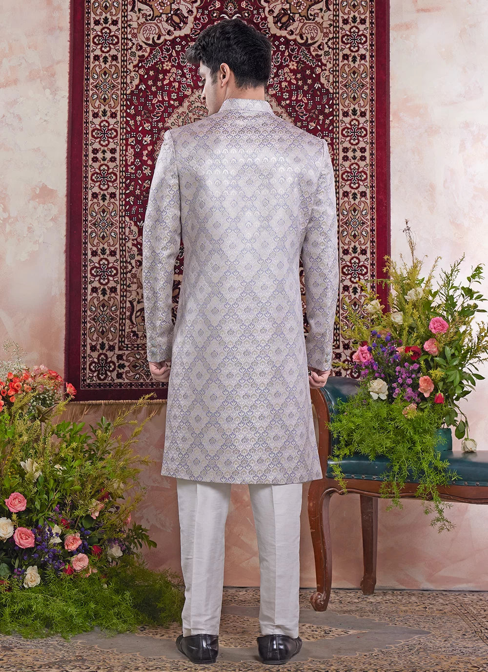 Raivat Ethnic Banarasi Jacquard Embroidery Indo Western Sherwani In Grey Colour | Swadesiicart