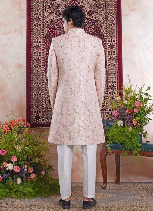 Raivat Ethnic Banarasi Jacquard Embroidery Indo Western Sherwani In Pink Colour | Swadesiicart