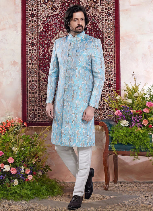 Raivat Ethnic Banarasi Jacquard Embroidery Indo Western Sherwani In Blue Colour | Swadesiicart