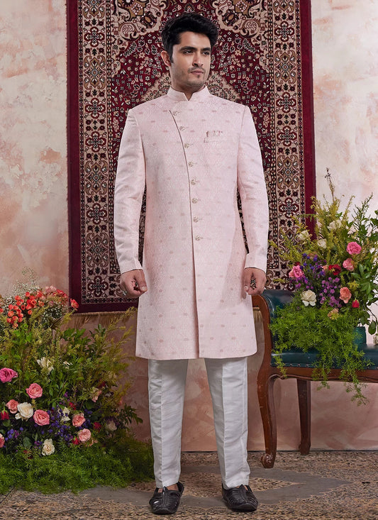Raivat Ethnic Banarasi Jacquard Embroidery Indo Western Sherwani In Pink Colour | Swadesiicart