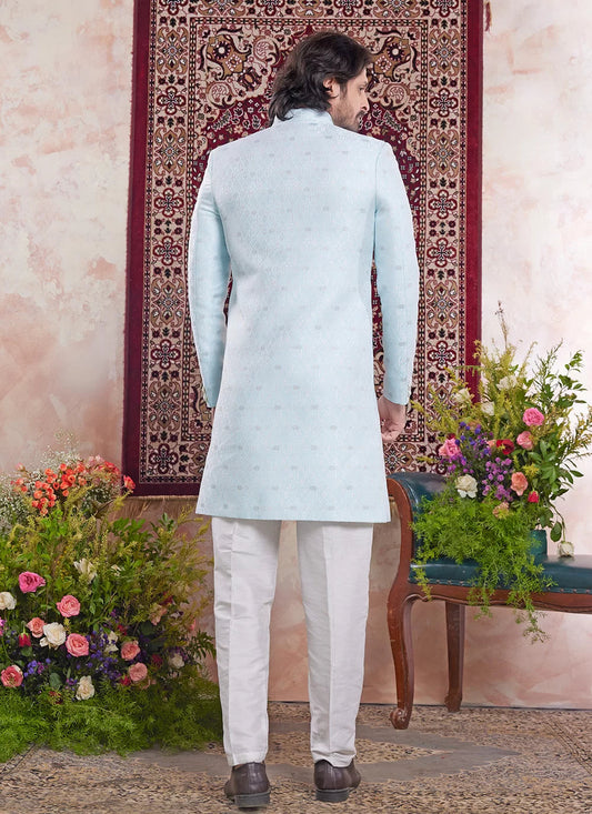Raivat Ethnic Banarasi Jacquard Embroidery Indo Western Sherwani In Sky Blue Colour | Swadesiicart