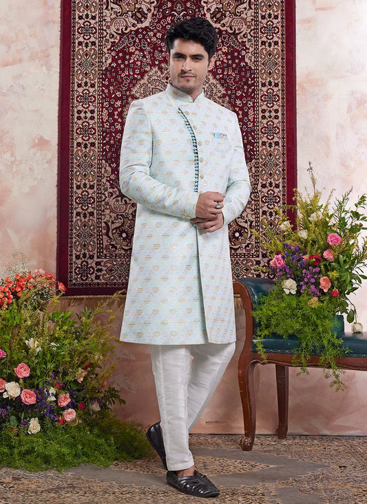 Raivat Ethnic Banarasi Jacquard Embroidery Indo Western Sherwani In Blue Colour | Swadesiicart