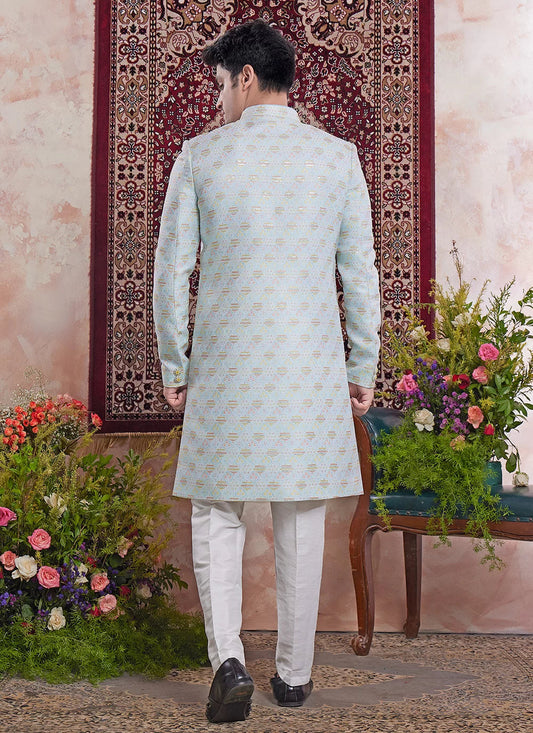Raivat Ethnic Banarasi Jacquard Embroidery Indo Western Sherwani In Blue Colour | Swadesiicart