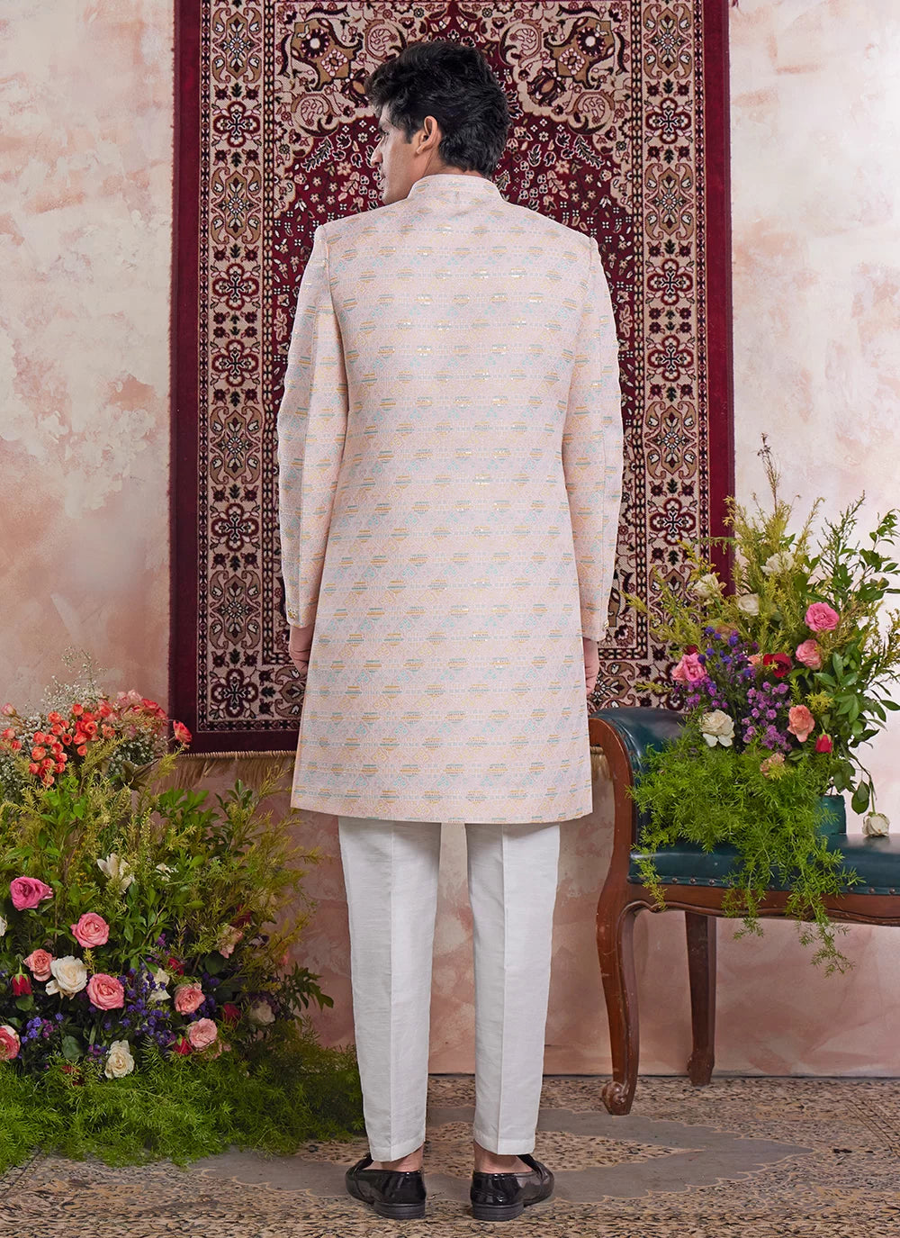 Raivat Ethnic Banarasi Jacquard Embroidery Indo Western Sherwani In Light Orange Colour | Swadesiicart