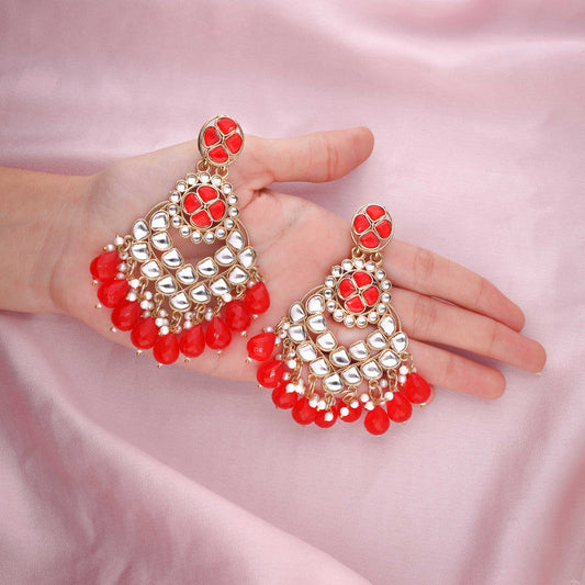 Tehzeeb Creations Gold Polish Kundan Red Colour Earrings | Swadesiicart