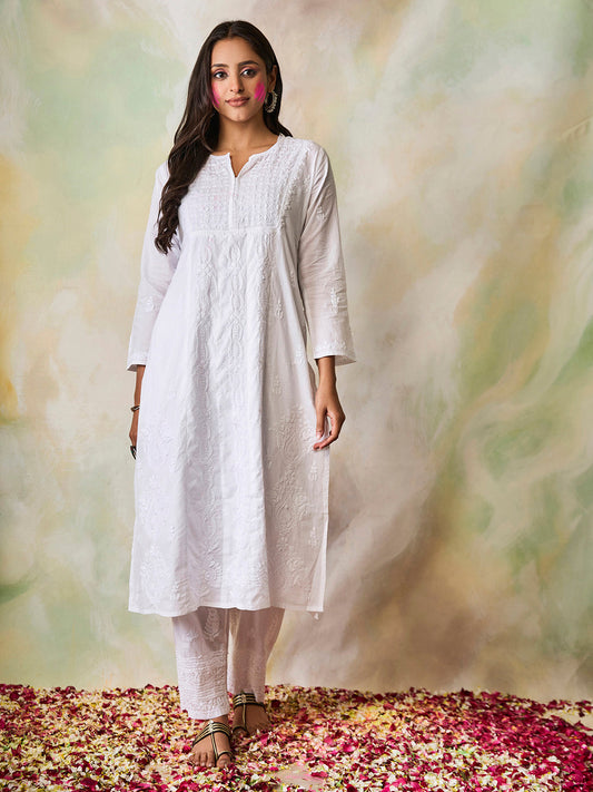 HOUSE OF KARI Notched Neck Ethnic Motifs Embroidered Chikankari Cotton Kurta | Swadesiicart