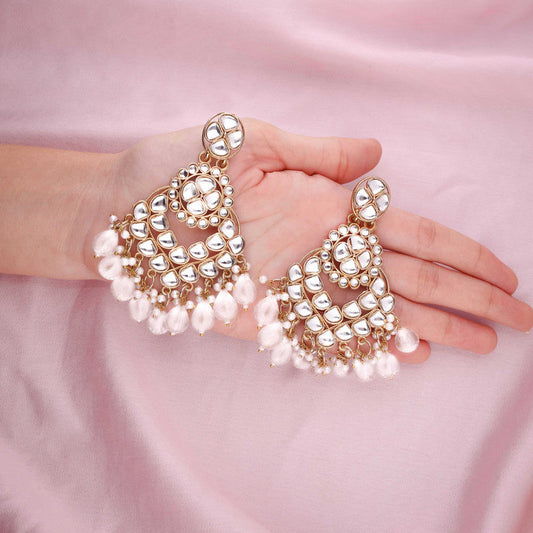 Tehzeeb Creations Gold Polish Kundan White Colour Earrings | Swadesiicart
