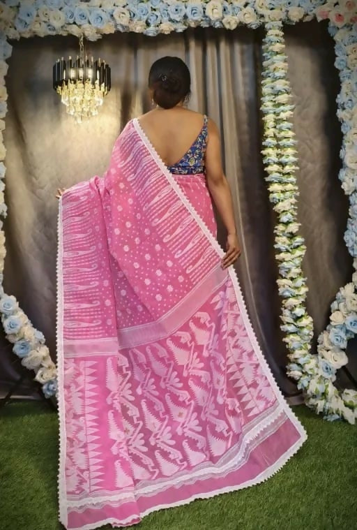 Exclusive Collection Beautiful Light Pink Jaal Jamdani Saree - Swadesiicart