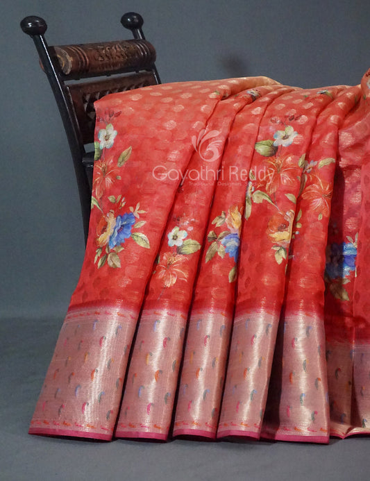 Shades of Red Colour Floral Design Banaras Semi Silk Saree By Gayathri Reddy Designer Studio | Swadesiicart