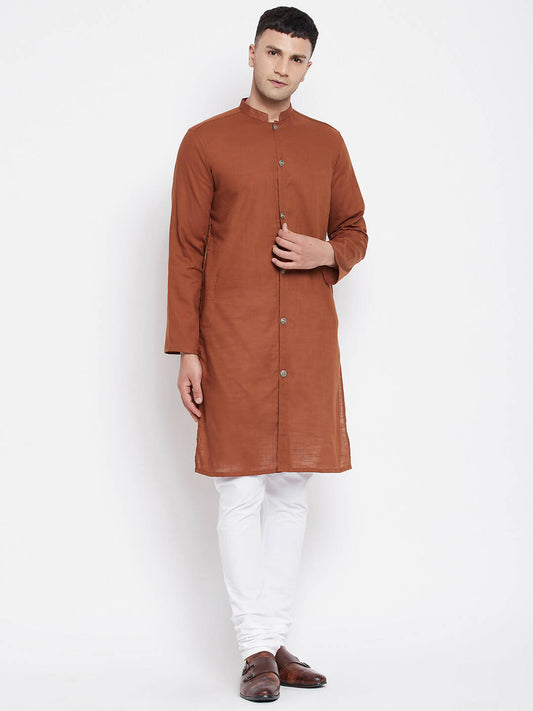 Even Apparels Brown Pure Cotton Men's Sherwani Kurta With Open Front | Swadesiicart