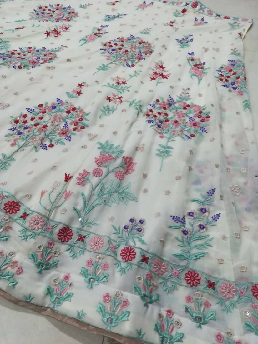 Jyoti Fashion Cream Thread Embroidery Georgette Designer Lehenga Choli with Dupatta | Swadesiicart
