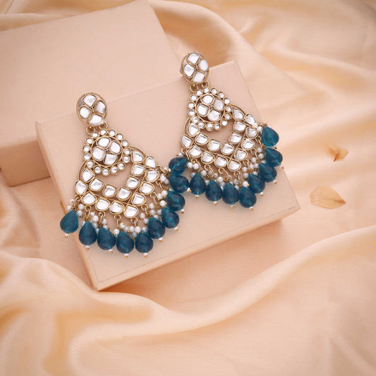 Tehzeeb Creations Gold Polish Kundan Sky Blue Colour Earrings | Swadesiicart