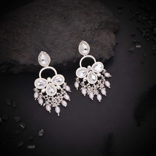 Tehzeeb Creations Silver Polish White Colour Earrings | Swadesiicart