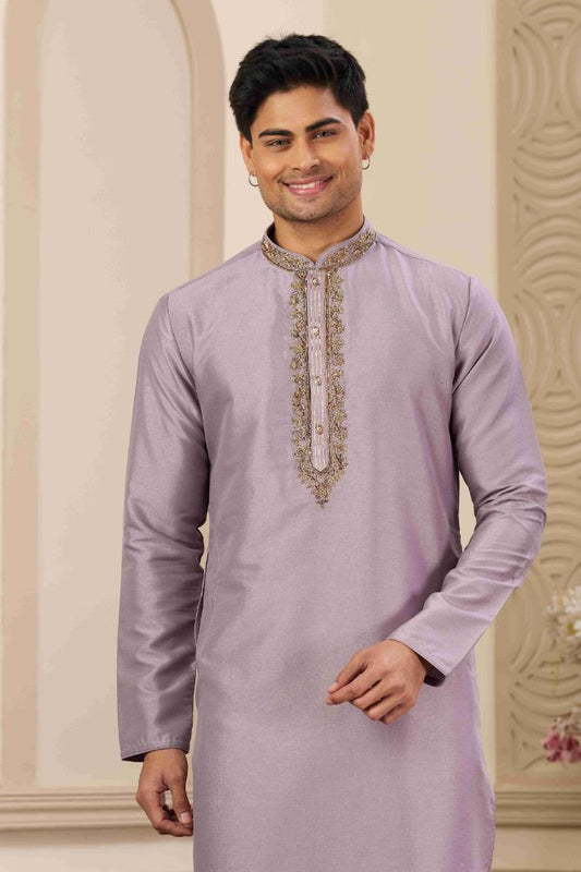 Raivat Ethnic Banarasi Art Silk Hand Work Kurta Pajama In Purple Colour | Swadesiicart
