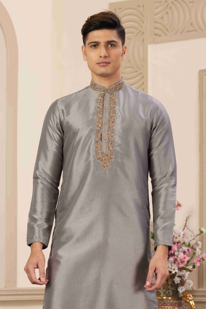 Raivat Ethnic Banarasi Art Silk Hand Work Kurta Pajama In Grey Colour | Swadesiicart