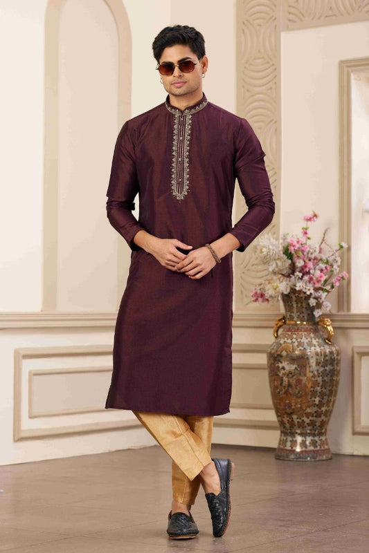 Raivat Ethnic Banarasi Art Silk Hand Work Kurta Pajama In Wine Colour | Swadesiicart