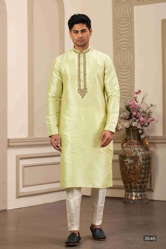 Raivat Ethnic Banarasi Art Silk Hand Work Kurta Pajama In Pista Green Colour | Swadesiicart