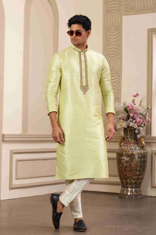 Raivat Ethnic Banarasi Art Silk Hand Work Kurta Pajama In Pista Green Colour | Swadesiicart